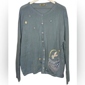 Vintage 90s Easter Cardigan Bunny Flowers Gingham Kitschy Cottagecore Blue XXL